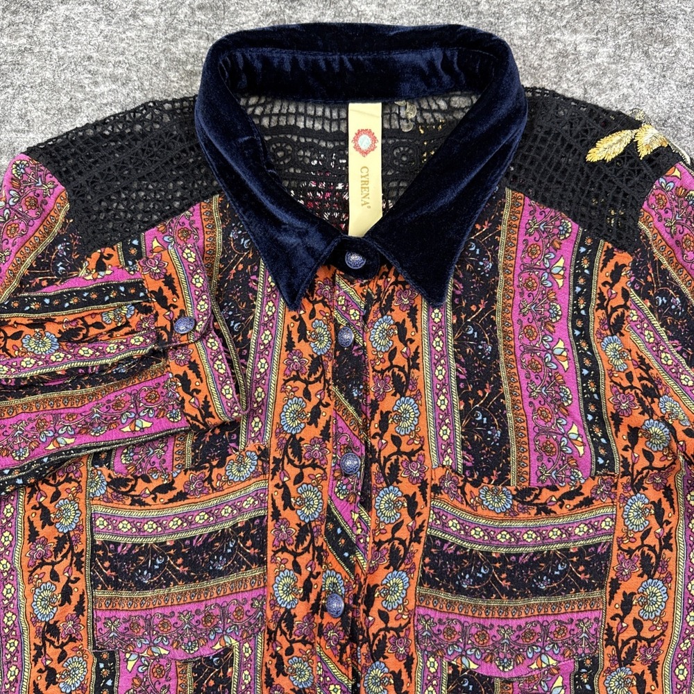 Cyrena top women's small long sleeve crochet‎ embroidered boho velvet collar